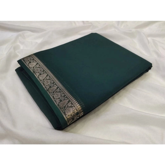 Women's Crepe Chit Pallu Solid Saree With Unstitched Blouse 5.5m (Bottle Green)