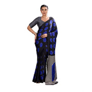 Women's Satin Crepe Printed Saree With Unstitched Blouse 5.5 Mtr (Blue)