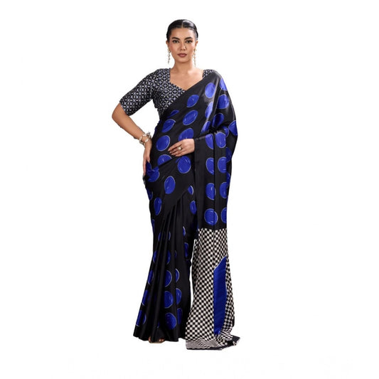 Women's Satin Crepe Printed Saree With Unstitched Blouse 5.5m (Blue)