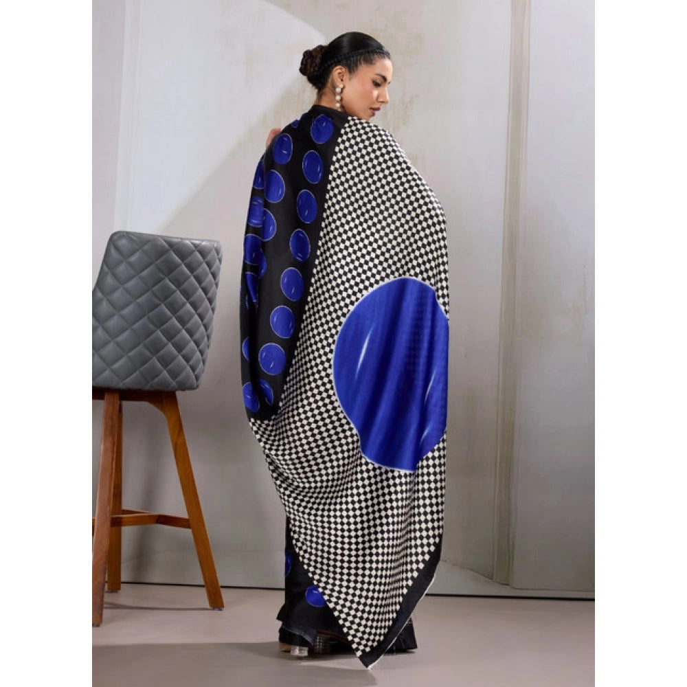 Women's Satin Crepe Printed Saree With Unstitched Blouse 5.5 Mtr (Blue)