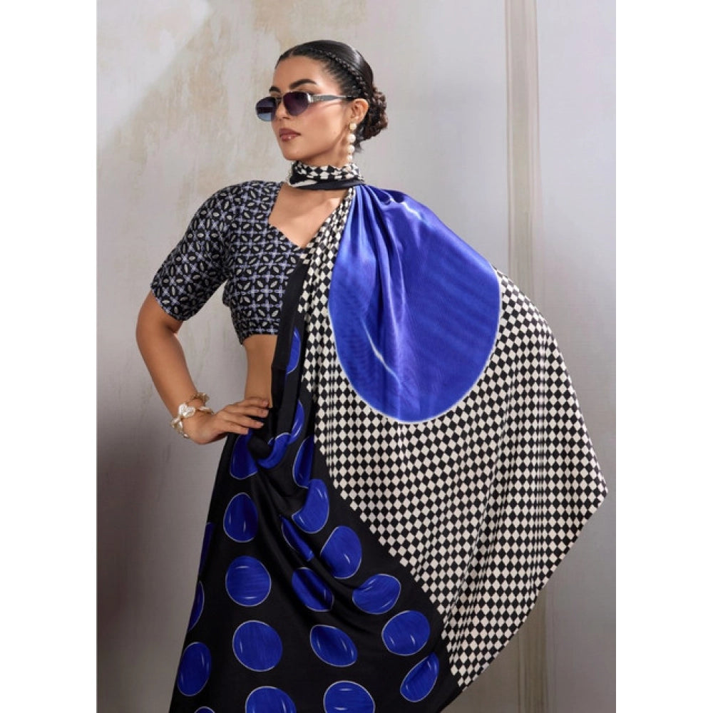 Women's Satin Crepe Printed Saree With Unstitched Blouse 5.5 Mtr (Blue)