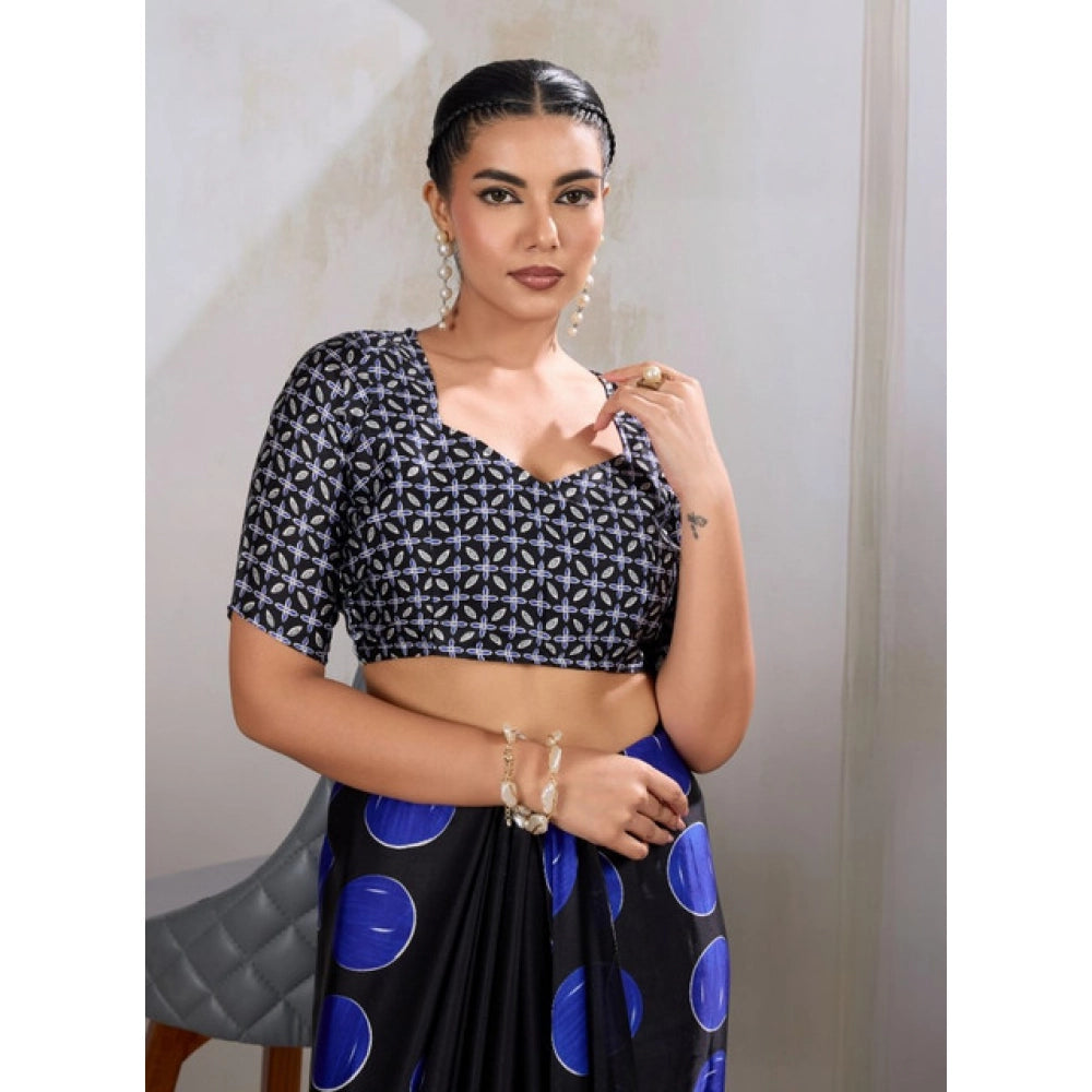 Women's Satin Crepe Printed Saree With Unstitched Blouse 5.5 Mtr (Blue)