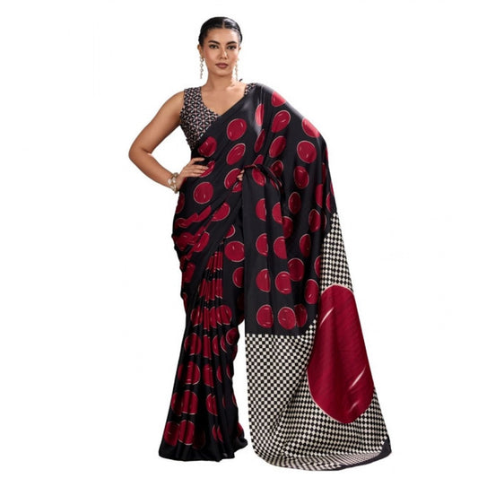 Women's Satin Crepe Printed Saree With Unstitched Blouse 5.5m (Maroon)