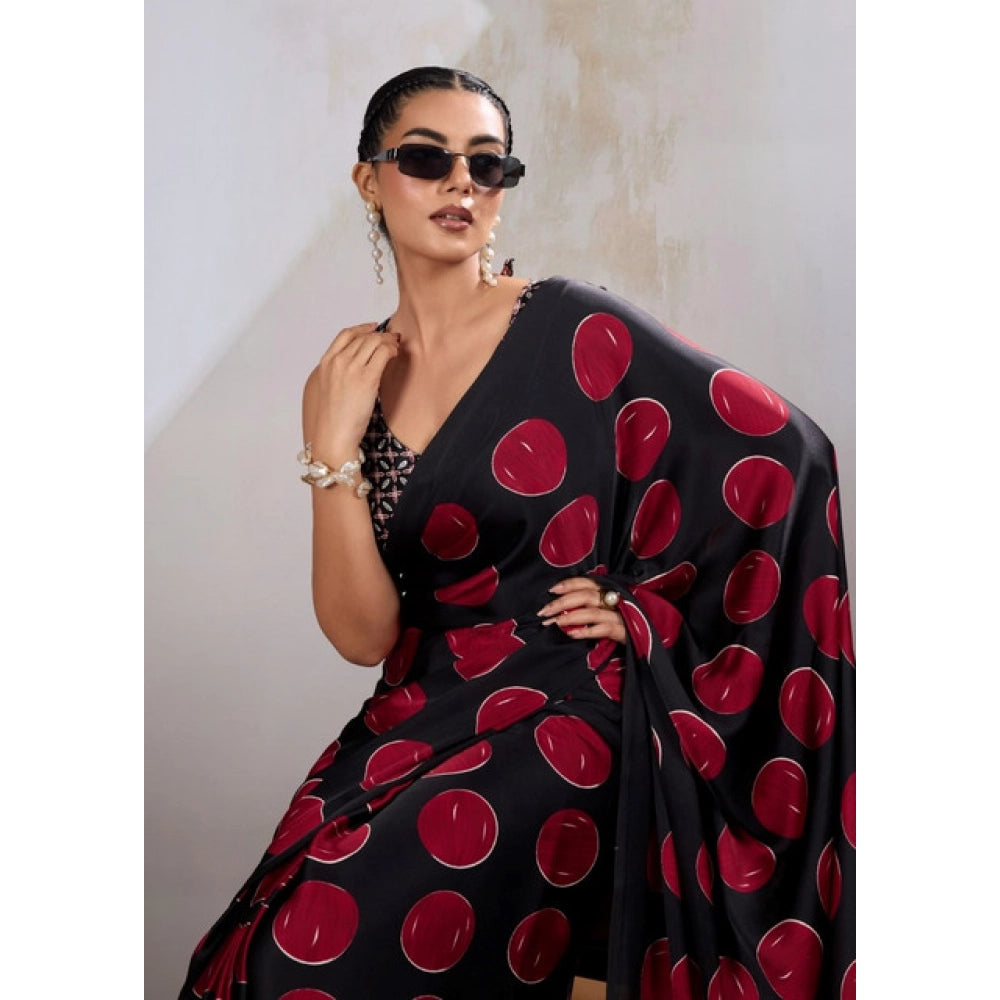 Women's Satin Crepe Printed Saree With Unstitched Blouse 5.5 Mtr (Maroon)