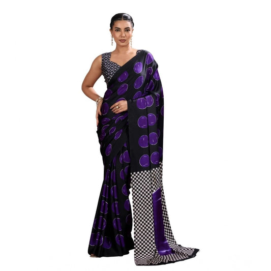 Women's Satin Crepe Printed Saree With Unstitched Blouse 5.5m (Purple)