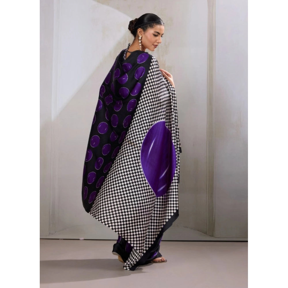 Women's Satin Crepe Printed Saree With Unstitched Blouse 5.5 Mtr (Purple)