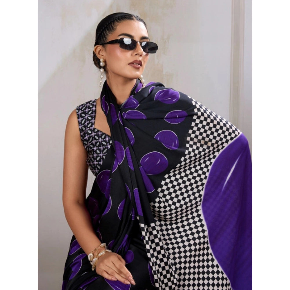 Women's Satin Crepe Printed Saree With Unstitched Blouse 5.5 Mtr (Purple)