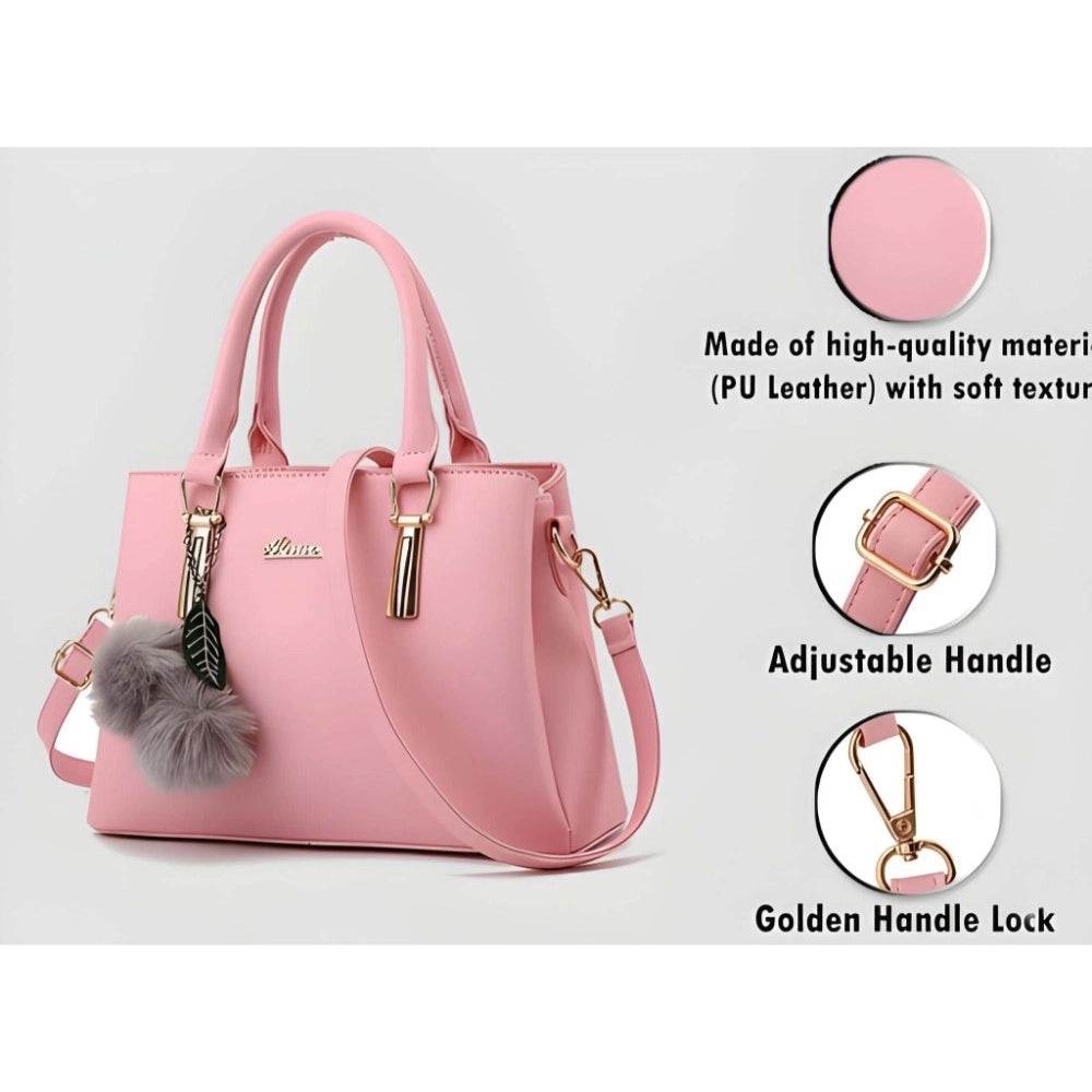 Women's PU Leather Solid Shoulder Zipper Handbag (Pink) - POPNOVA