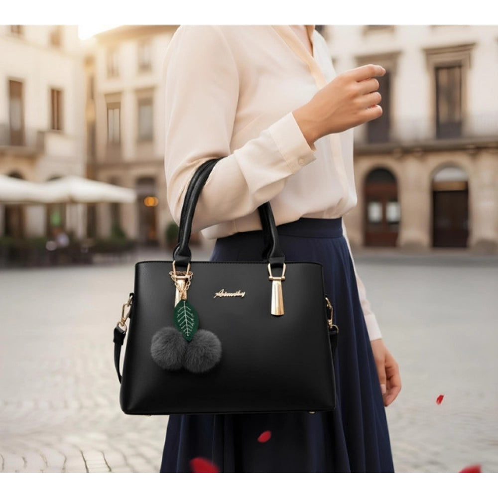 Women's PU Leather Solid Shoulder Zipper Handbag (Black) - POPNOVA
