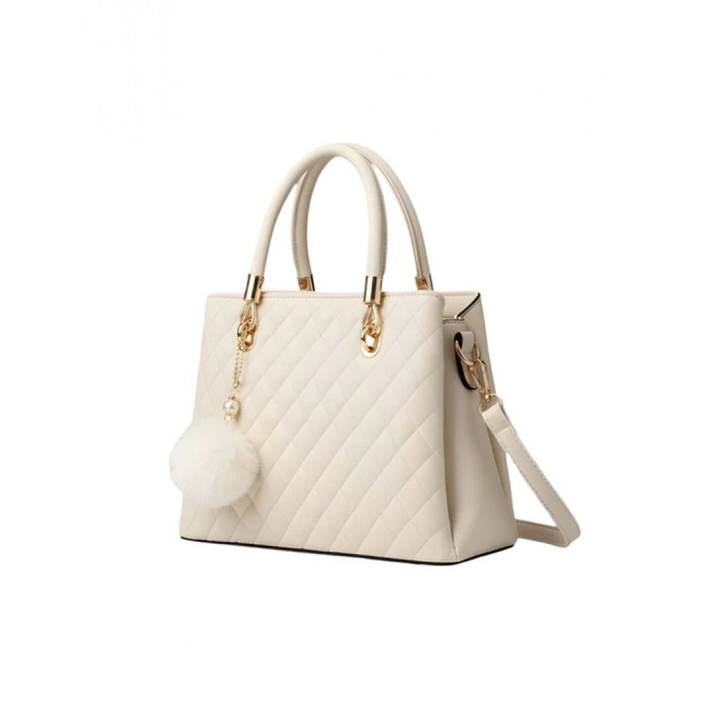 Women's PU Leather Solid Shoulder Zipper Handbag (Cream) - POPNOVA