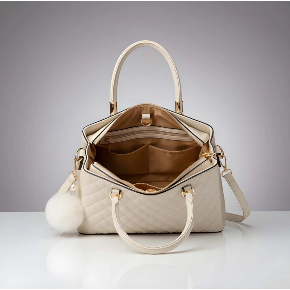 Women's PU Leather Solid Shoulder Zipper Handbag (Cream) - POPNOVA