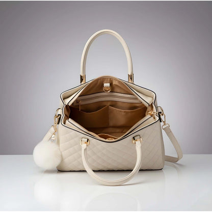 Women's PU Leather Solid Shoulder Zipper Handbag (Cream) - POPNOVA