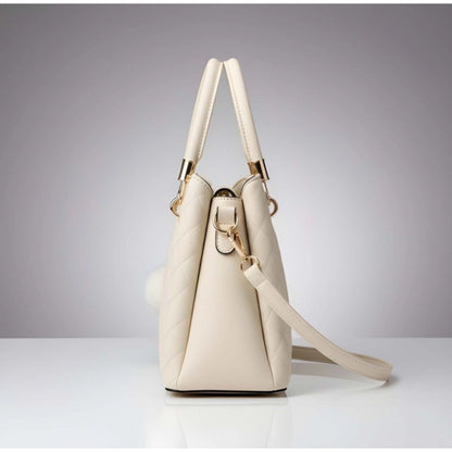 Women's PU Leather Solid Shoulder Zipper Handbag (Cream) - POPNOVA