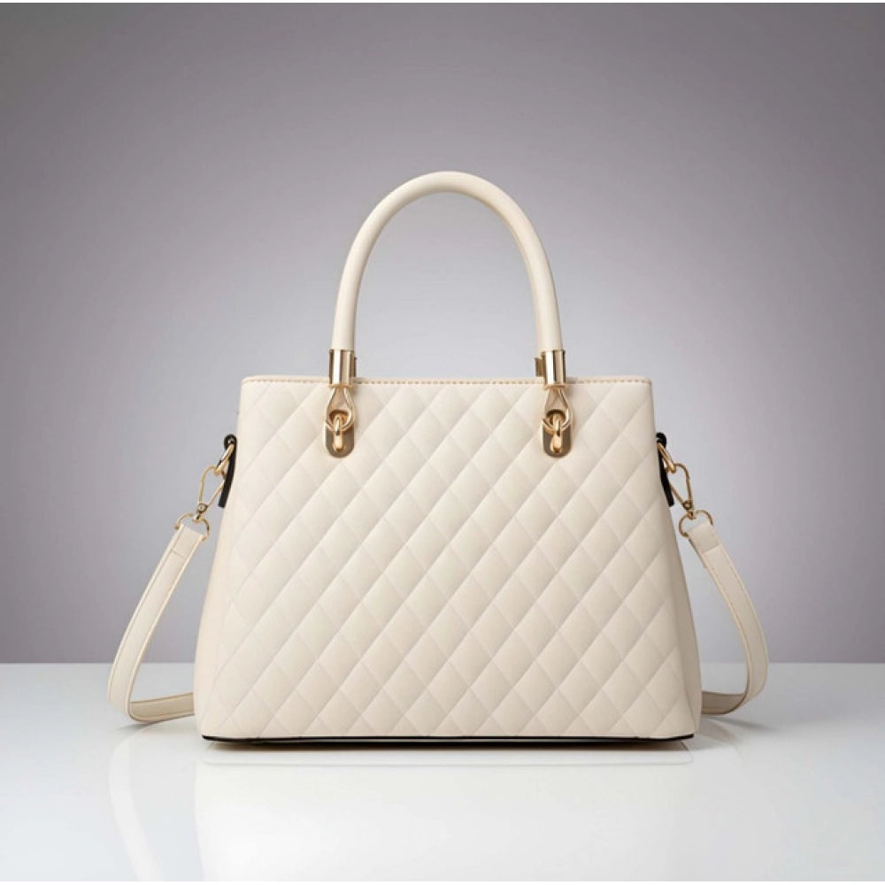 Women's PU Leather Solid Shoulder Zipper Handbag (Cream) - POPNOVA