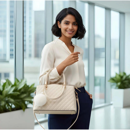 Women's PU Leather Solid Shoulder Zipper Handbag (Cream) - POPNOVA