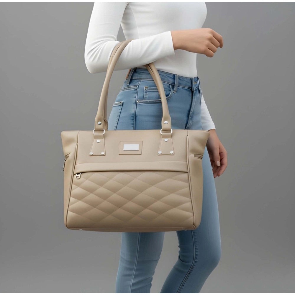 Women's PU Leather Solid Shoulder Zipper Handbag (Beige) - POPNOVA