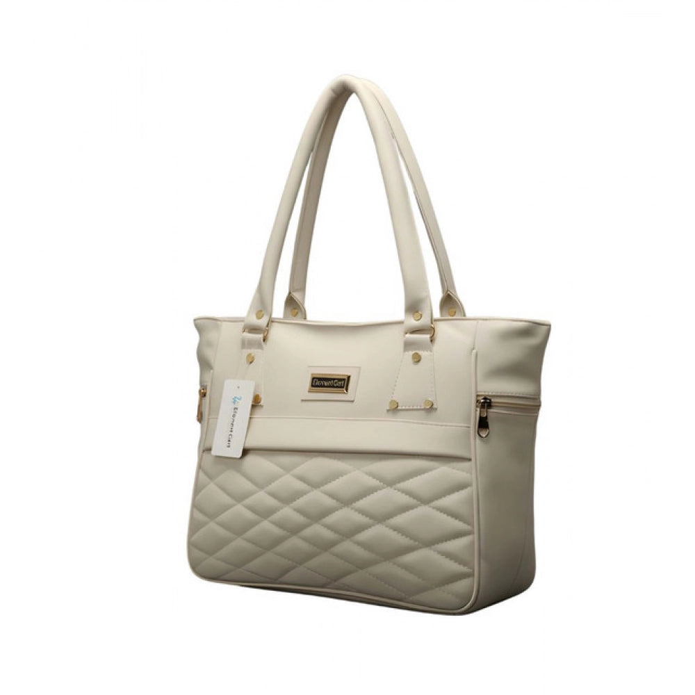 Women's PU Leather Solid Shoulder Zipper Handbag (Cream) - POPNOVA