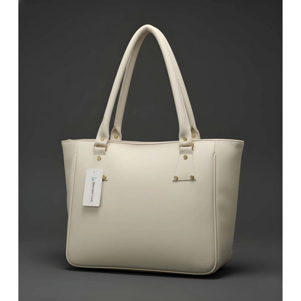 Women's PU Leather Solid Shoulder Zipper Handbag (Cream) - POPNOVA