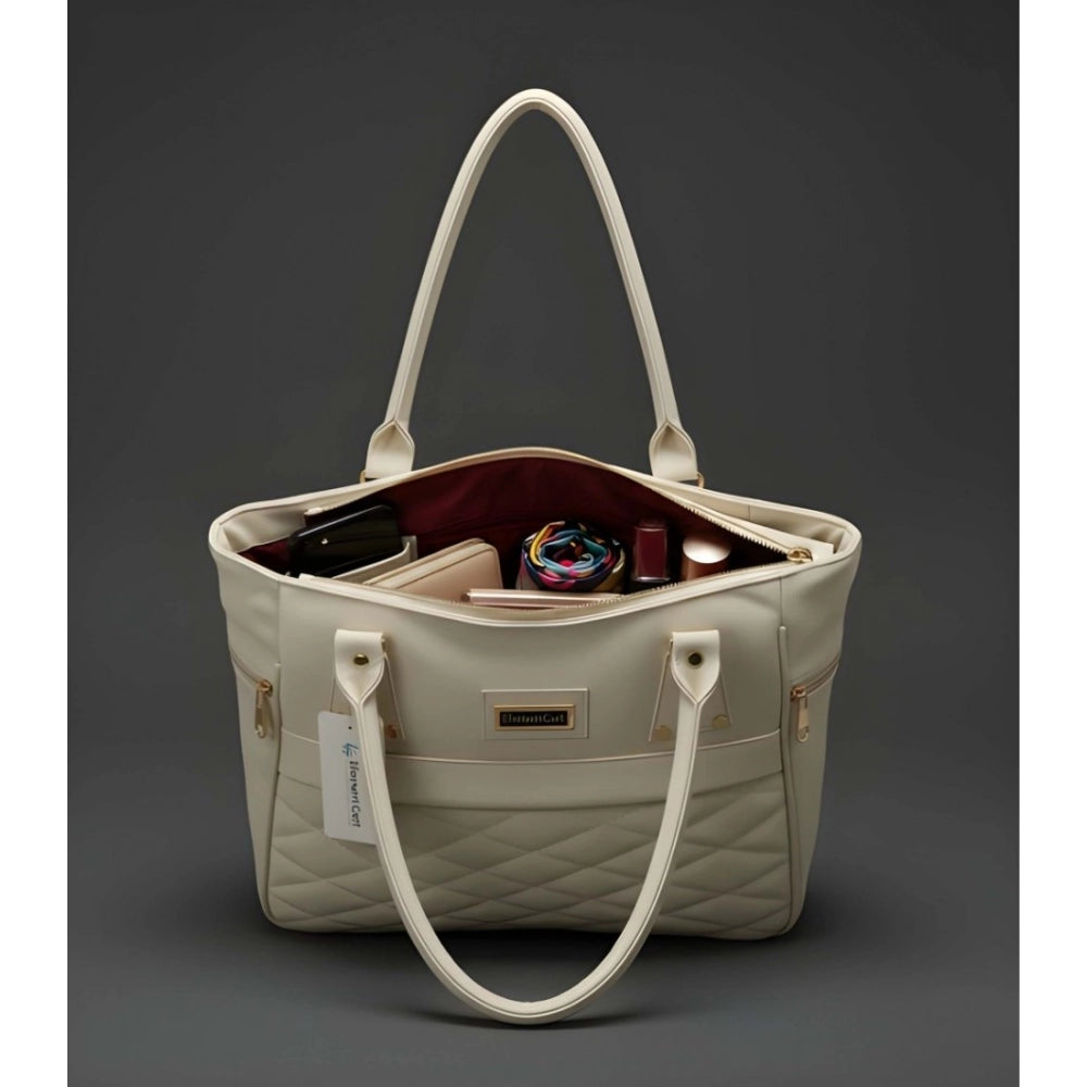Women's PU Leather Solid Shoulder Zipper Handbag (Cream) - POPNOVA