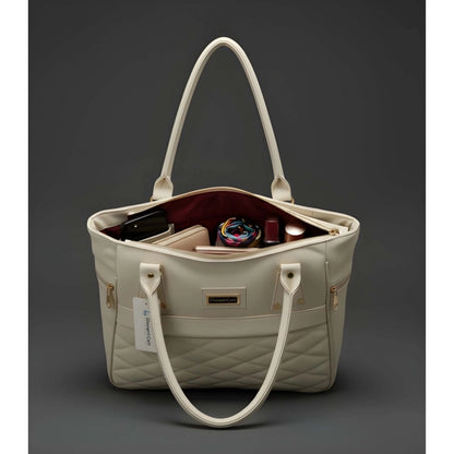 Women's PU Leather Solid Shoulder Zipper Handbag (Cream) - POPNOVA