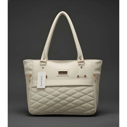 Women's PU Leather Solid Shoulder Zipper Handbag (Cream) - POPNOVA
