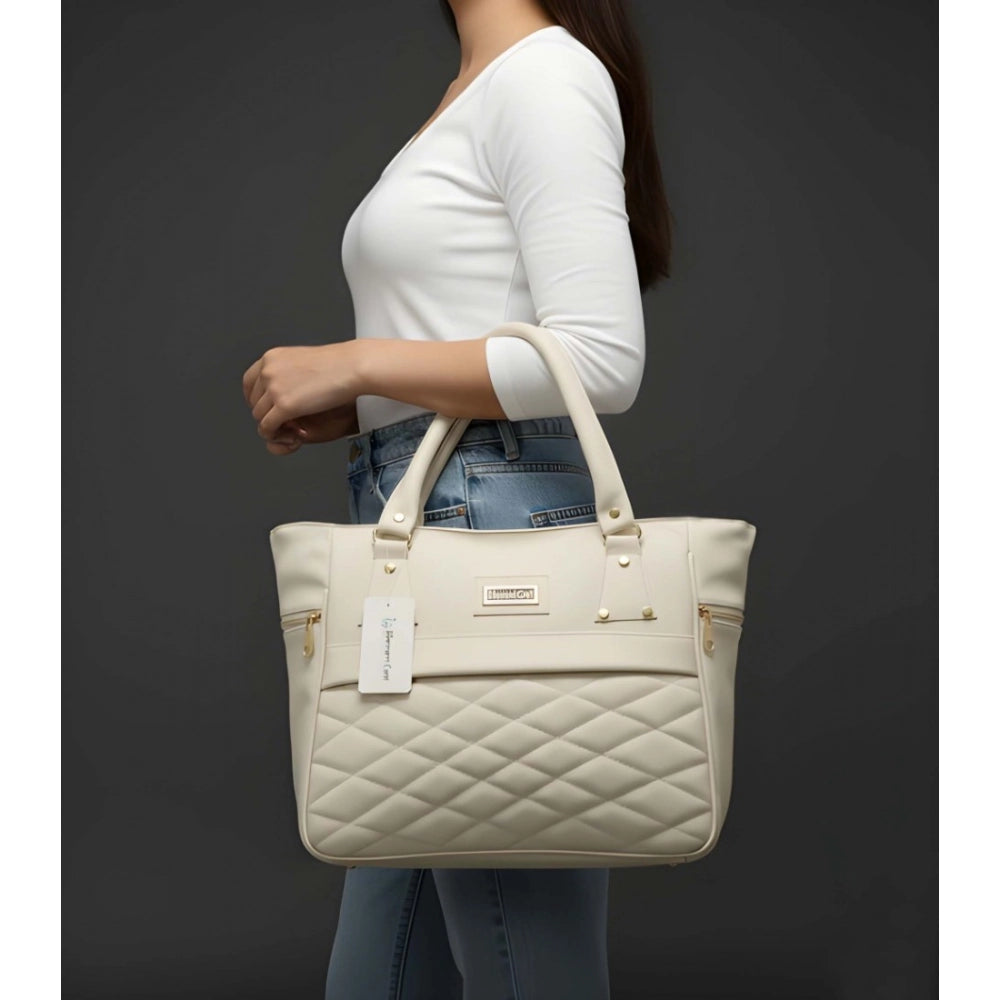 Women's PU Leather Solid Shoulder Zipper Handbag (Cream) - POPNOVA