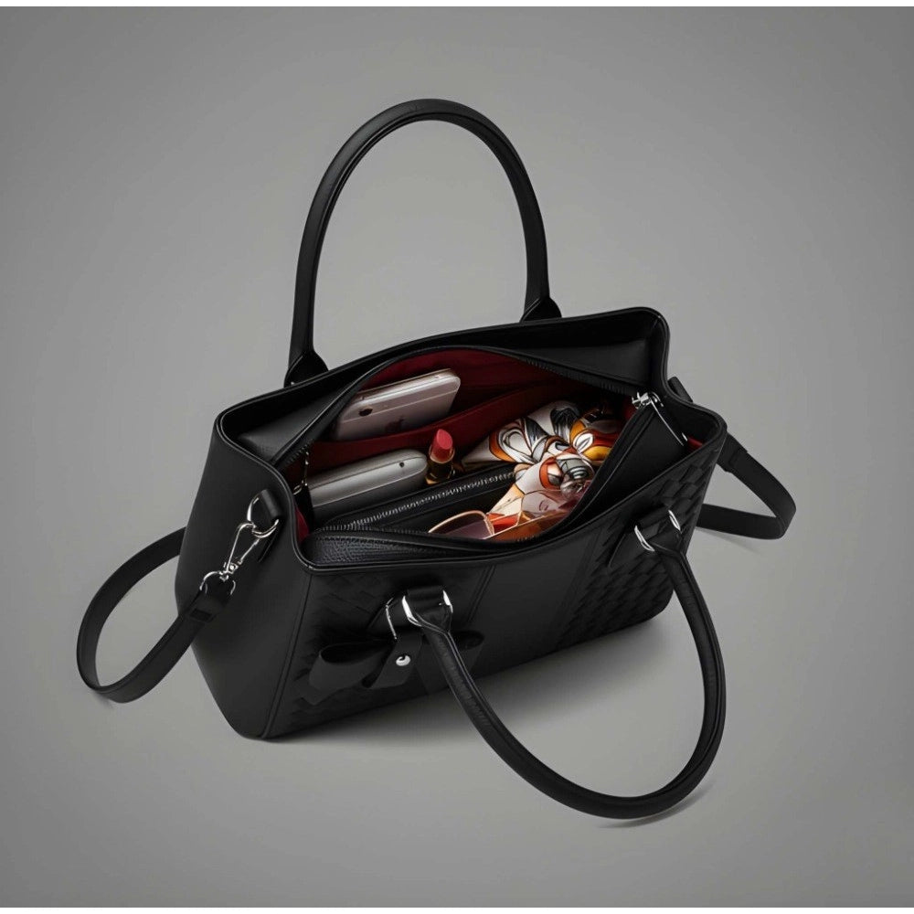 Women's PU Leather Solid Shoulder Zipper Handbag (Black) - POPNOVA