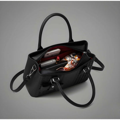Women's PU Leather Solid Shoulder Zipper Handbag (Black) - POPNOVA