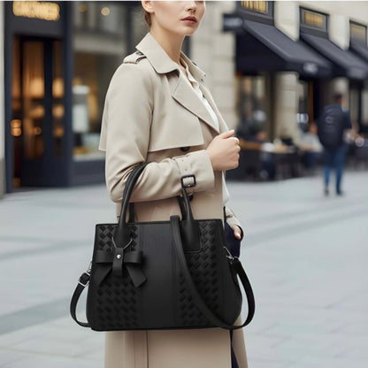 Women's PU Leather Solid Shoulder Zipper Handbag (Black) - POPNOVA