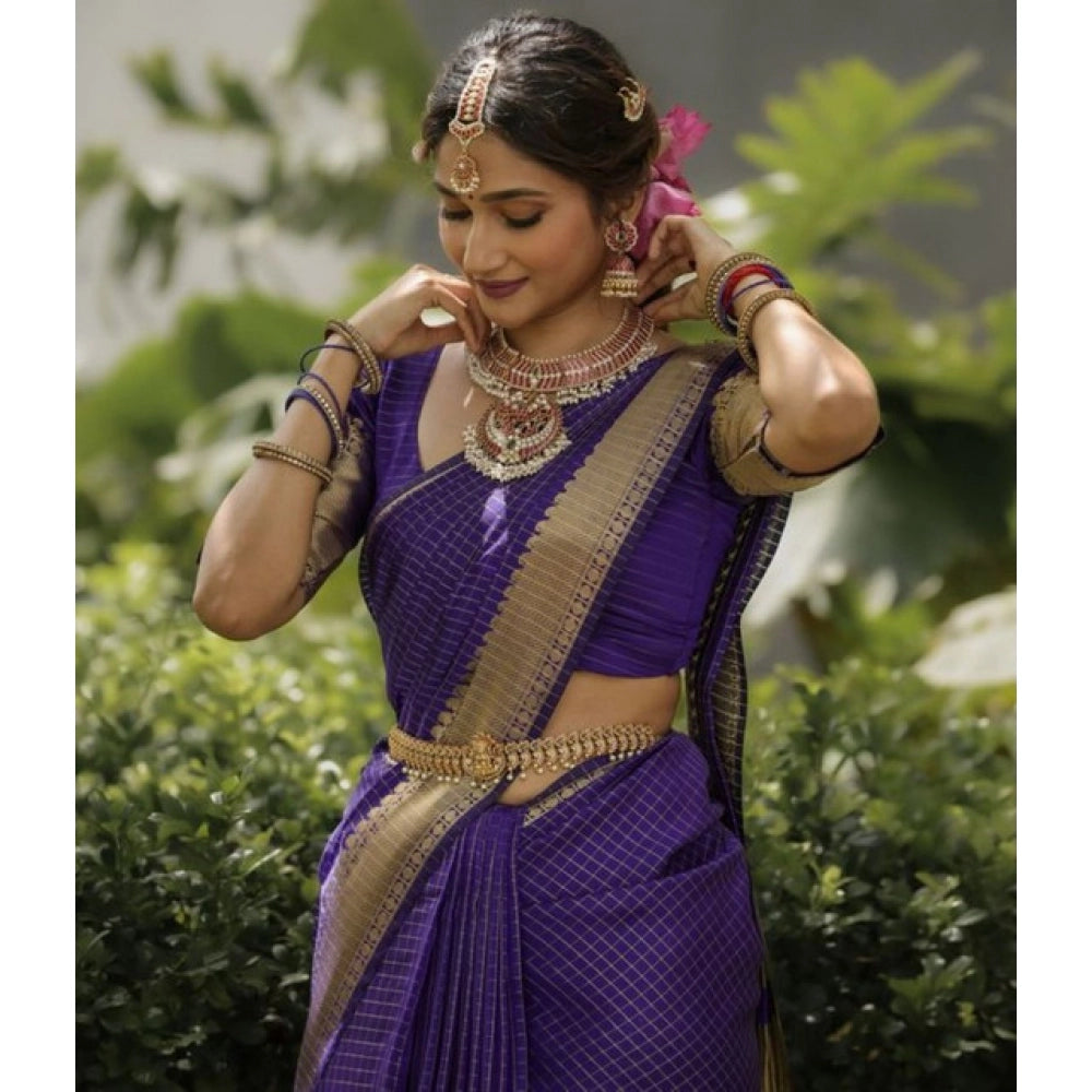Women's Banarasi Silk Printed Saree With Unstitched Blouse 5.5 Mtr (Purple)