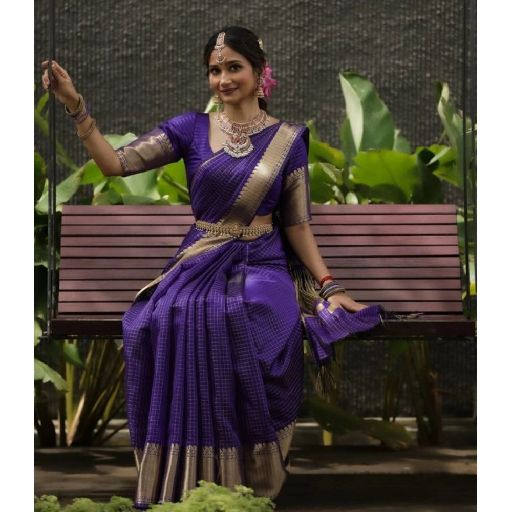 Women's Banarasi Silk Printed Saree With Unstitched Blouse 5.5 Mtr (Purple)