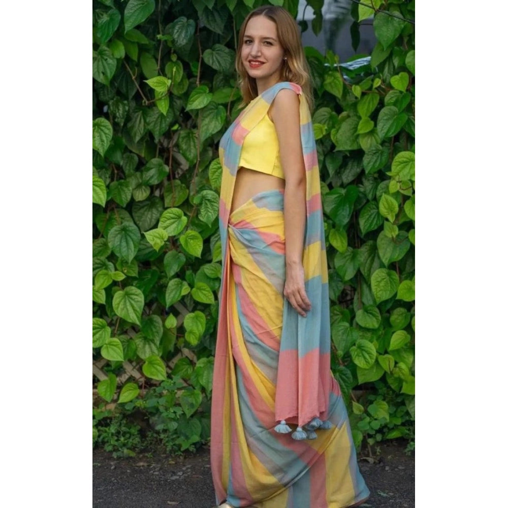 Women's Linen Printed Saree With Unstitched Blouse 5.5 Mtr (Multicolor)