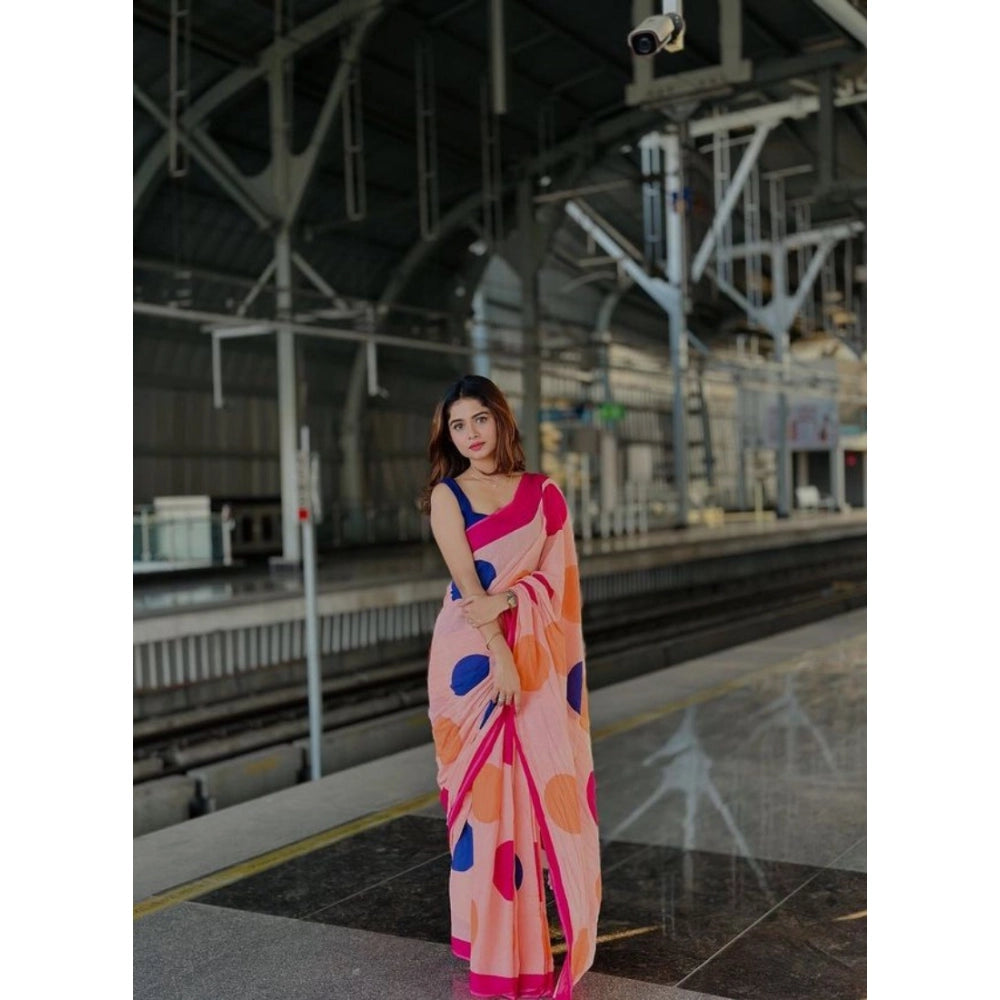 Women's Linen Printed Saree With Unstitched Blouse 5.5 Mtr (Orange)
