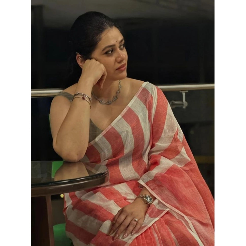 Women's Linen Printed Saree With Unstitched Blouse 5.5 Mtr (Multicolor)