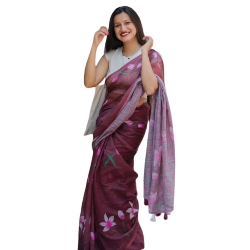 Women's Linen Printed Saree With Unstitched Blouse 5.5 Mtr (Brown)