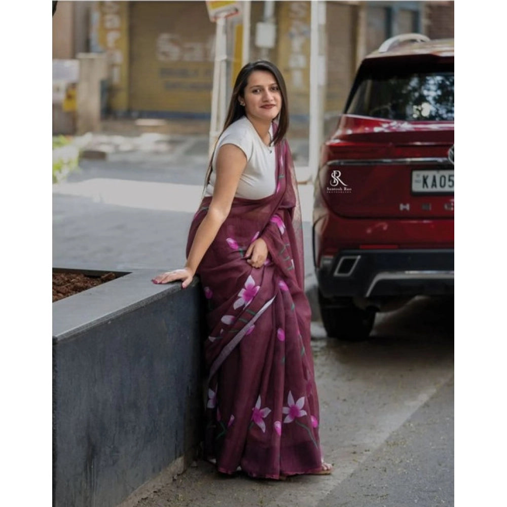 Women's Linen Printed Saree With Unstitched Blouse 5.5 Mtr (Brown)