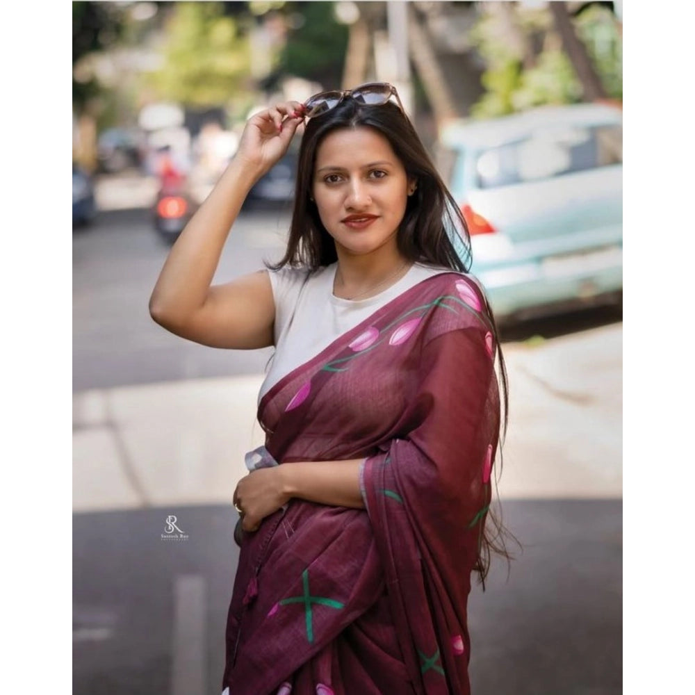Women's Linen Printed Saree With Unstitched Blouse 5.5 Mtr (Brown)