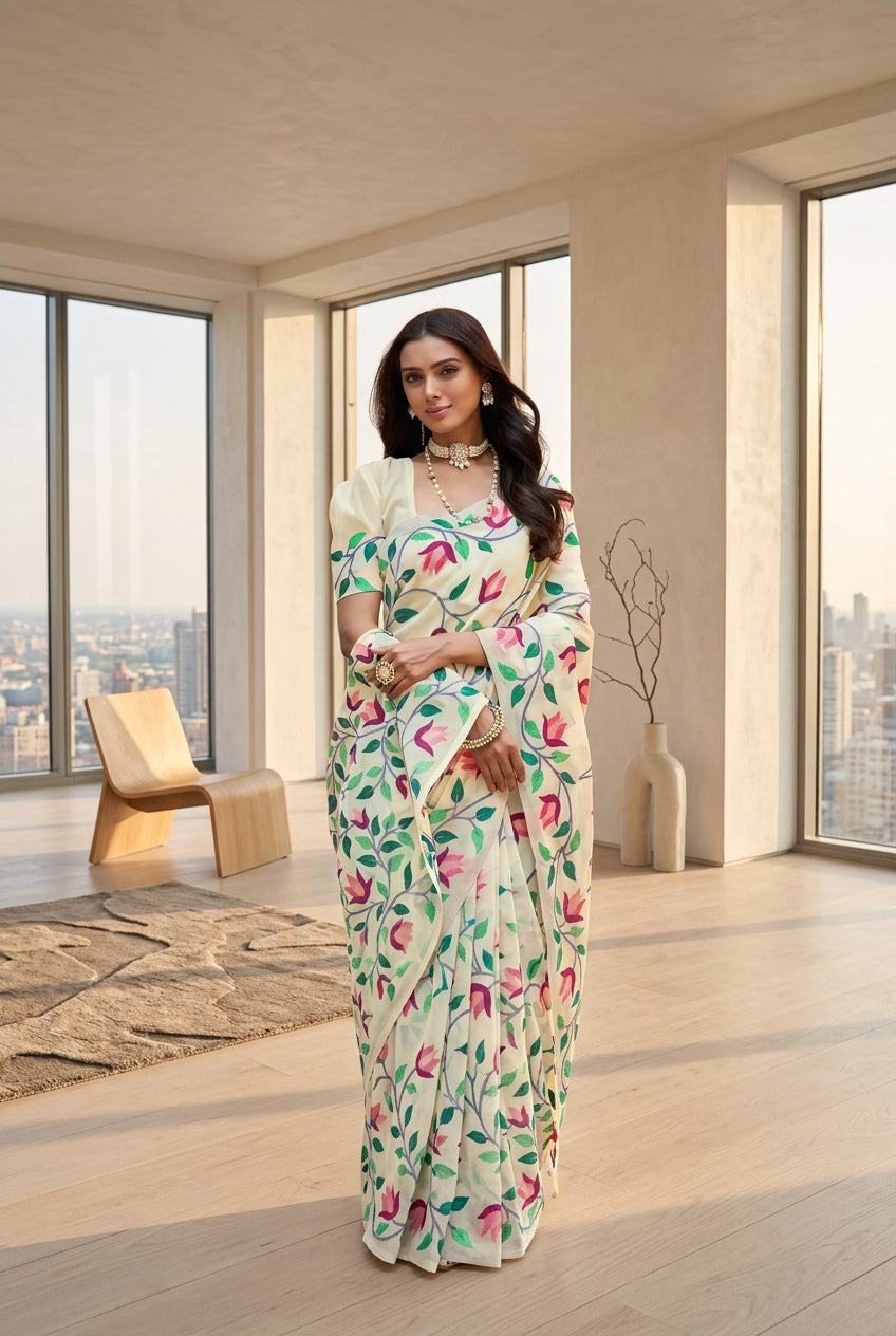 Women's Georgette Printed Saree With Unstitched Blouse 5.5Mtr (Cream) - POPNOVA saree