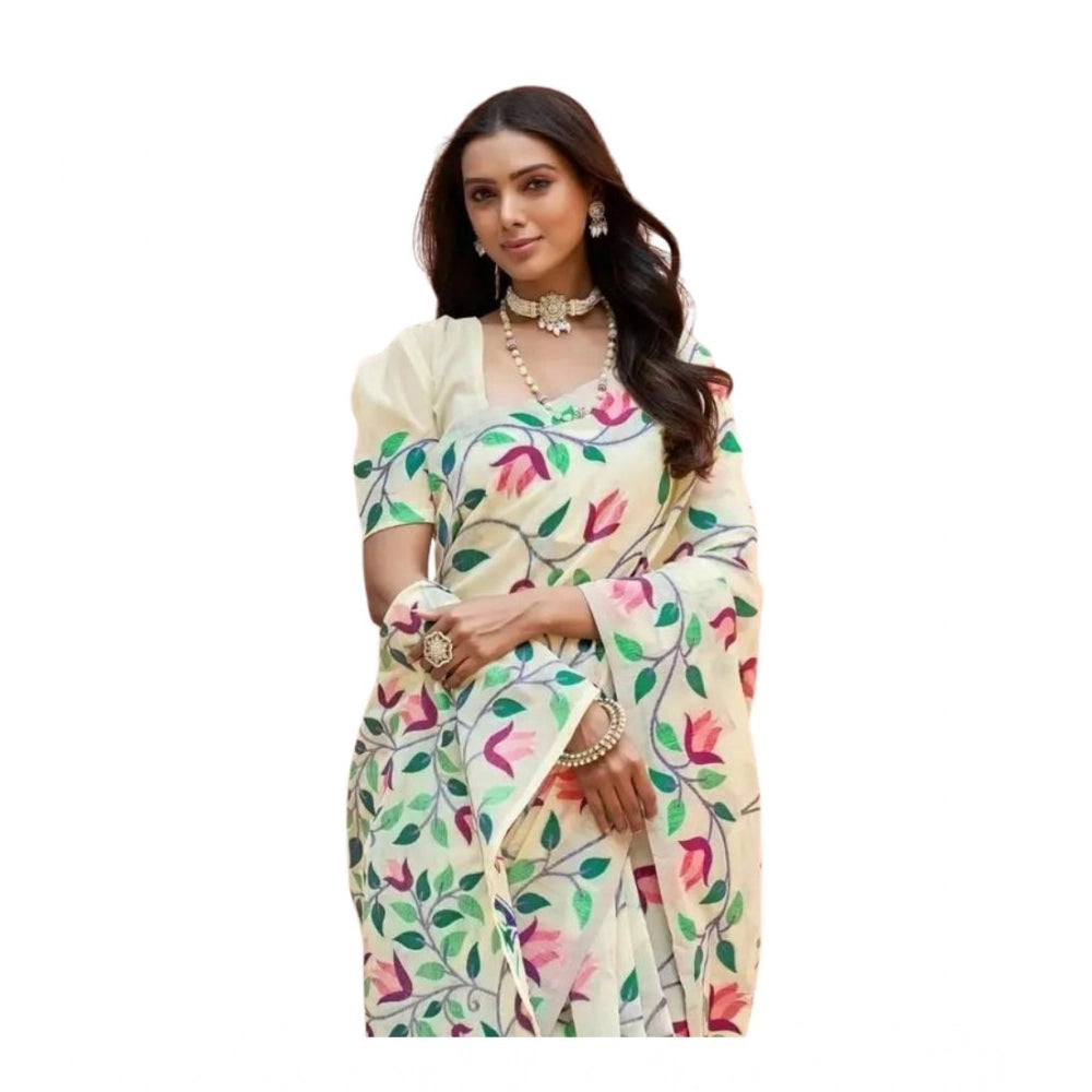Women's Georgette Printed Saree With Unstitched Blouse 5.5 Mtr (Cream)