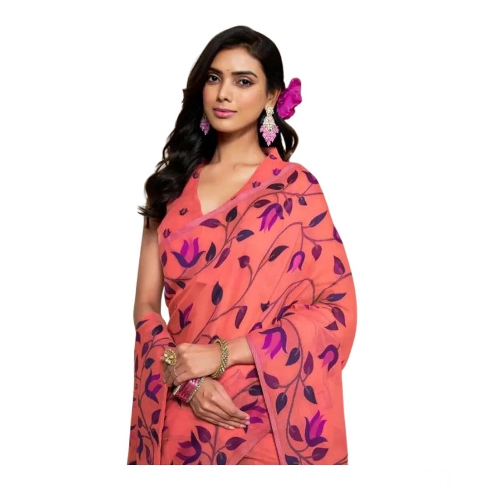 Women's Georgette Printed Saree With Unstitched Blouse 5.5 Mtr (Peach)