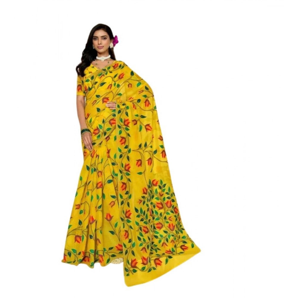 Women's Georgette Printed Saree With Unstitched Blouse 5.5 Mtr (Yellow)