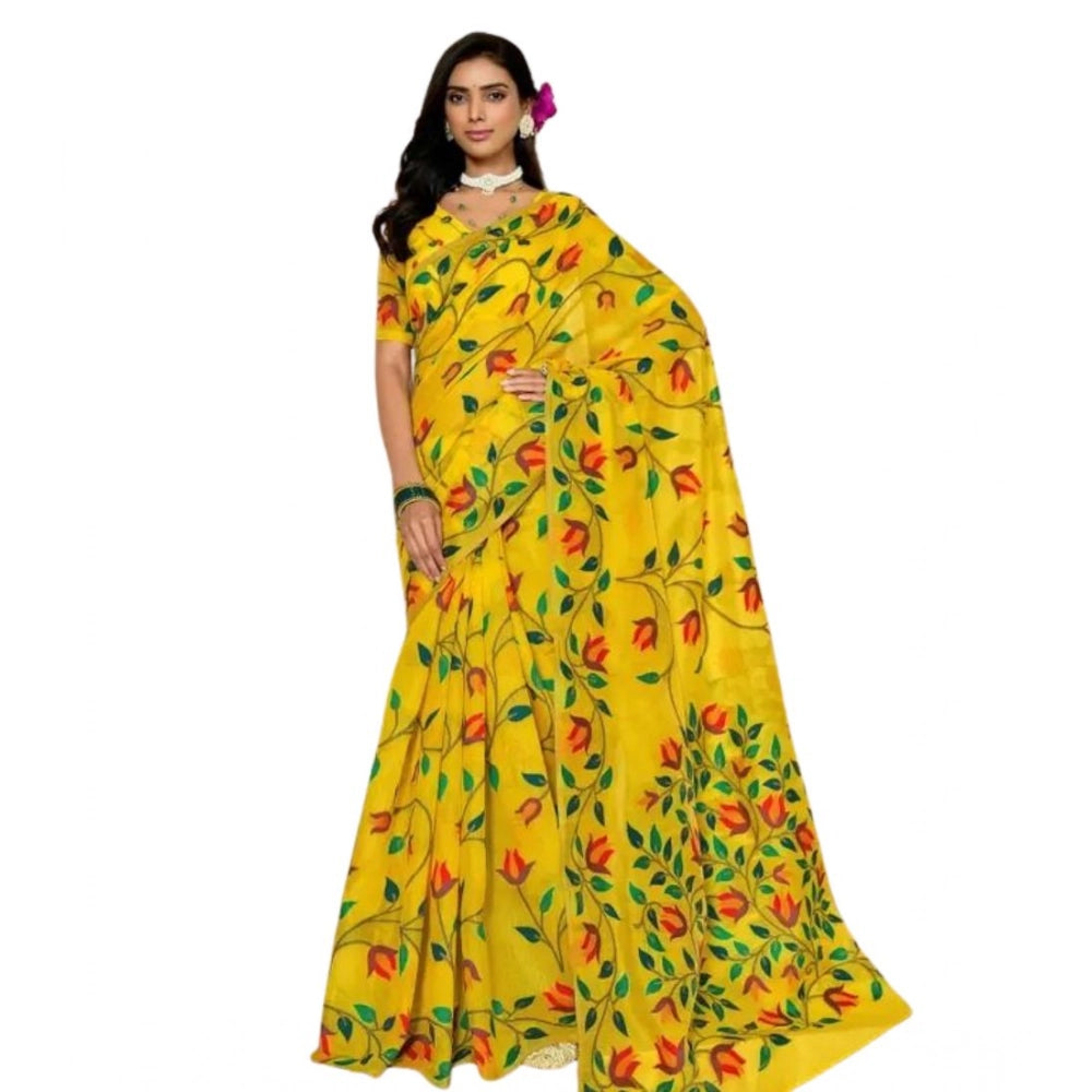 Women's Georgette Printed Saree With Unstitched Blouse 5.5 Mtr (Yellow)