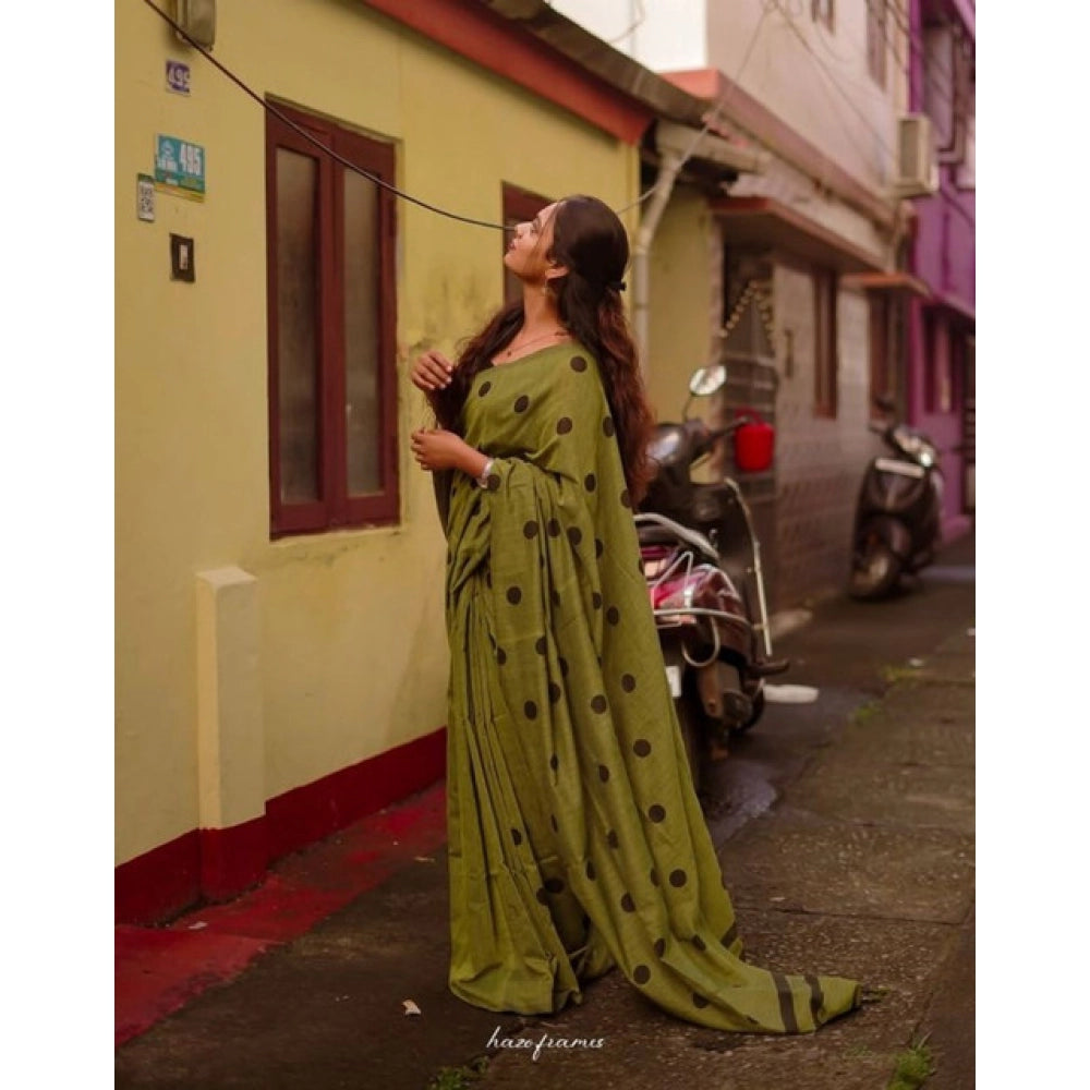 Women's Linen Printed Saree With Unstitched Blouse 5.5 Mtr (Green)