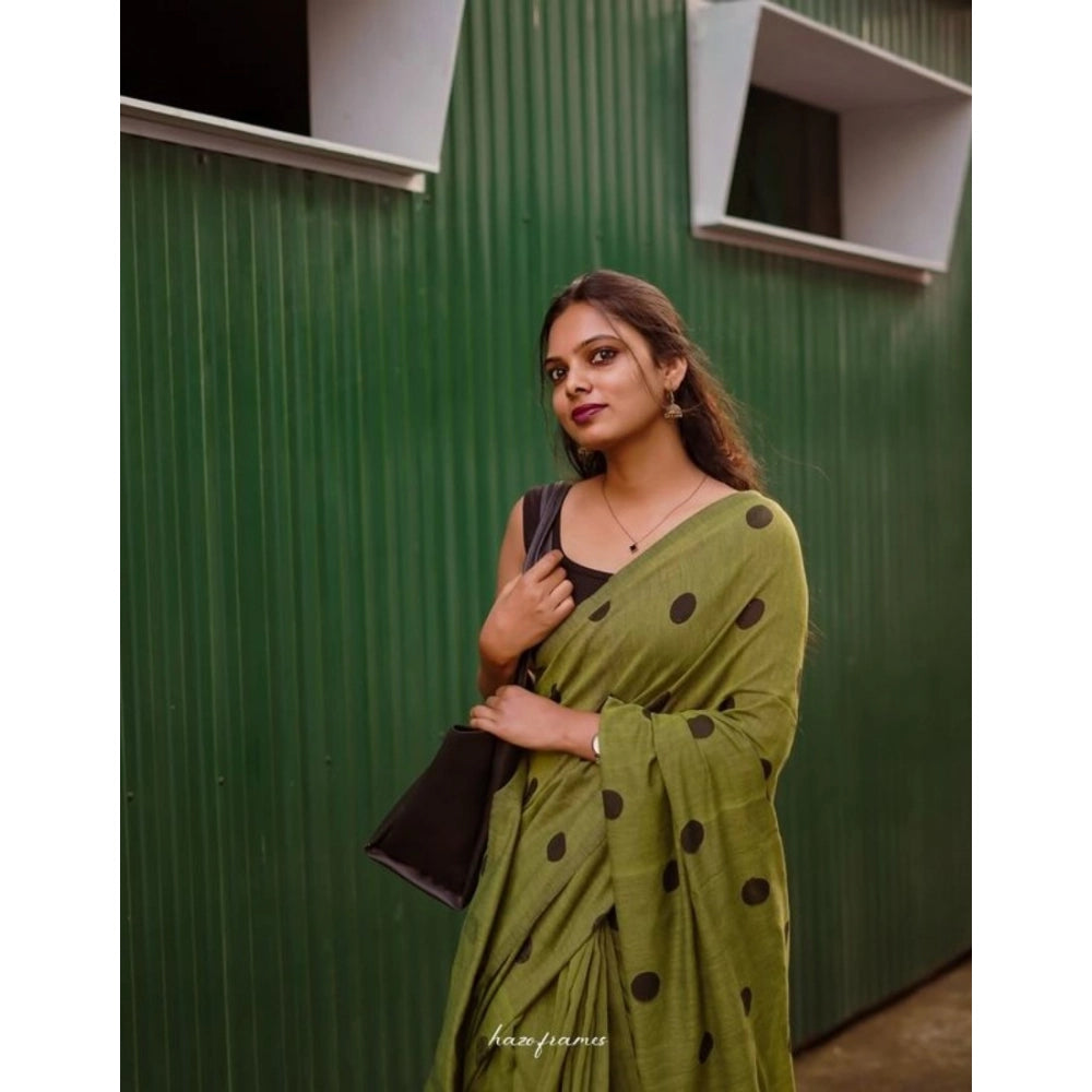 Women's Linen Printed Saree With Unstitched Blouse 5.5 Mtr (Green)