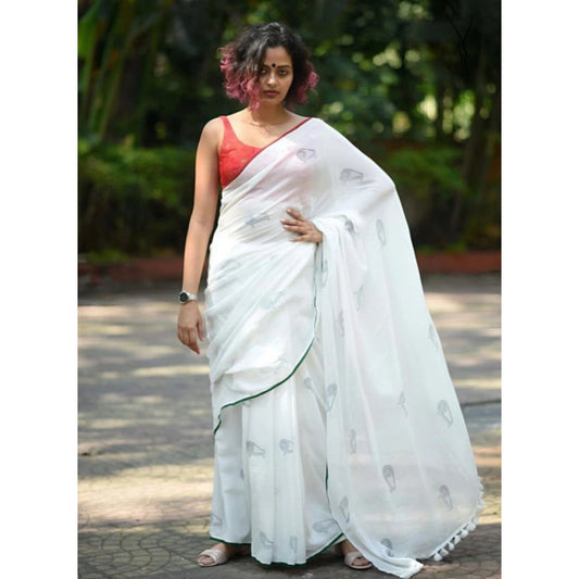 Women's Linen Printed Saree With Unstitched Blouse 5.5Mtr | POPNOVA