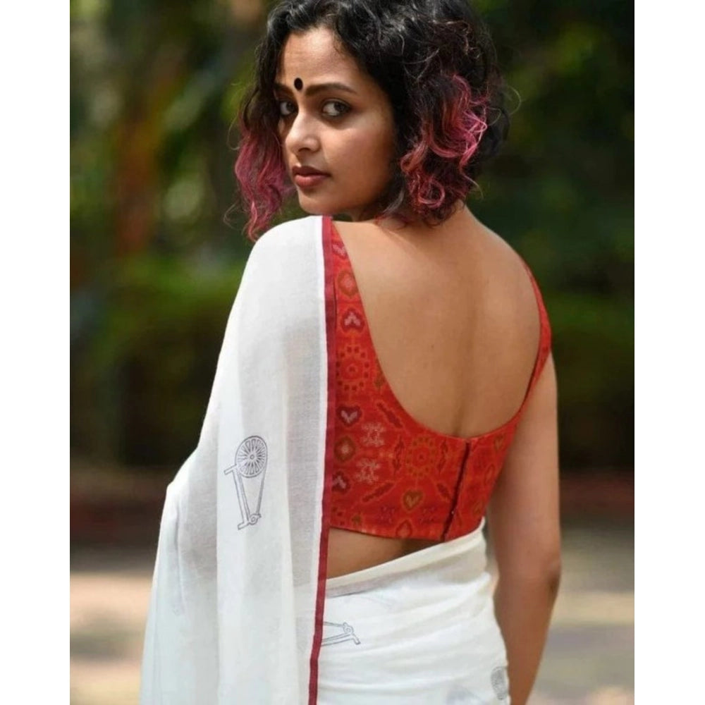 Women's Linen Printed Saree With Unstitched Blouse 5.5 Mtr (White)
