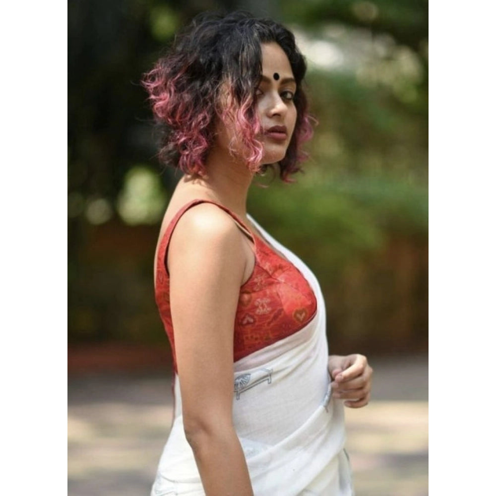 Women's Linen Printed Saree With Unstitched Blouse 5.5 Mtr (White)