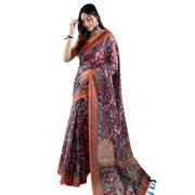 Women's Linen Printed Saree With Unstitched Blouse 5.5 Mtr (Brown)