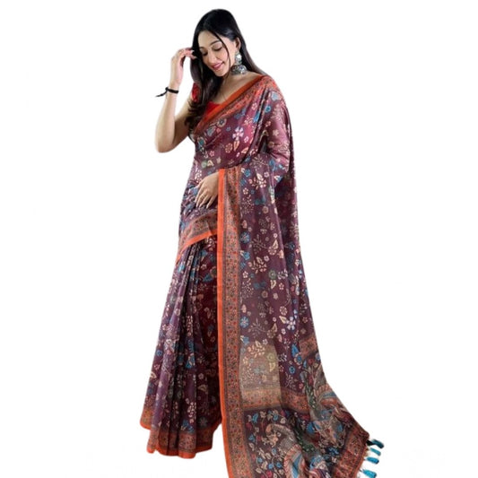 Women's Linen Printed Saree With Unstitched Blouse 5.5Mtr | POPNOVA