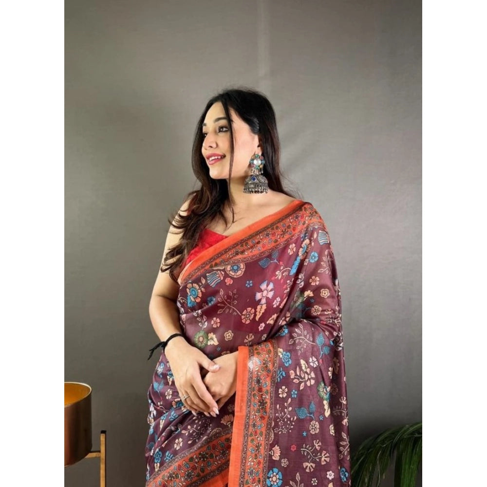 Women's Linen Printed Saree With Unstitched Blouse 5.5 Mtr (Brown)
